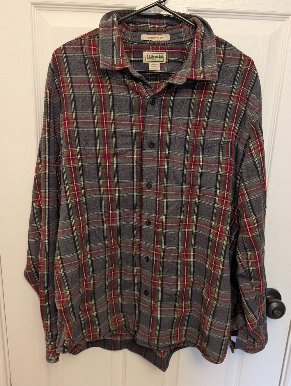L.L. Bean Men’s Gray, Red & Green Plaid Button-Down Shirt - Large